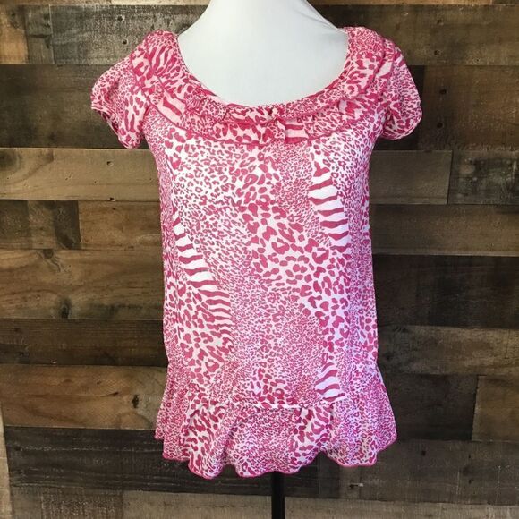 Tempted Blouse Pink White Animal Print Ruffled Layered Scoop Neck Large Girls - Picture 3 of 12